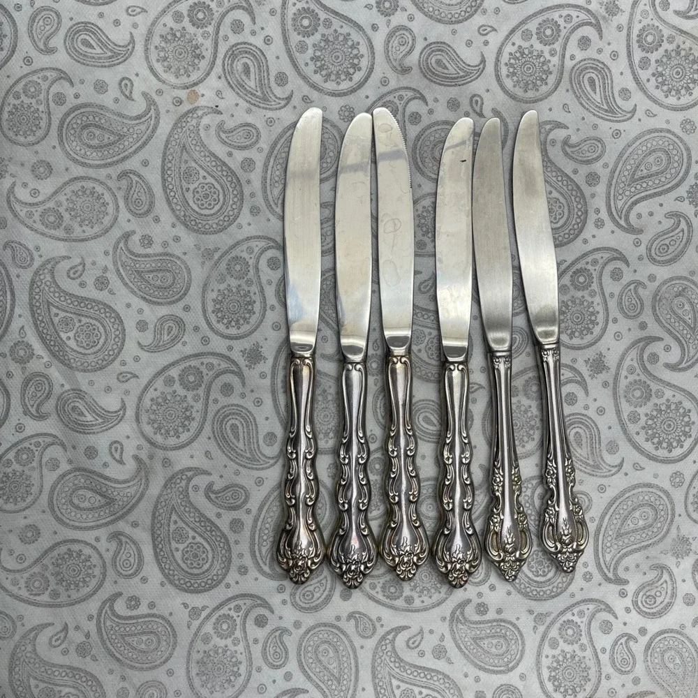 Vintage Stainless Dinner Knives Set of 6 Floral Scroll Flatware Silverware